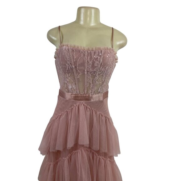 City Studio Pink Lace & Tulle Tiered Midi Dress With Spaghetti Straps Size 3 - Picture 4 of 8